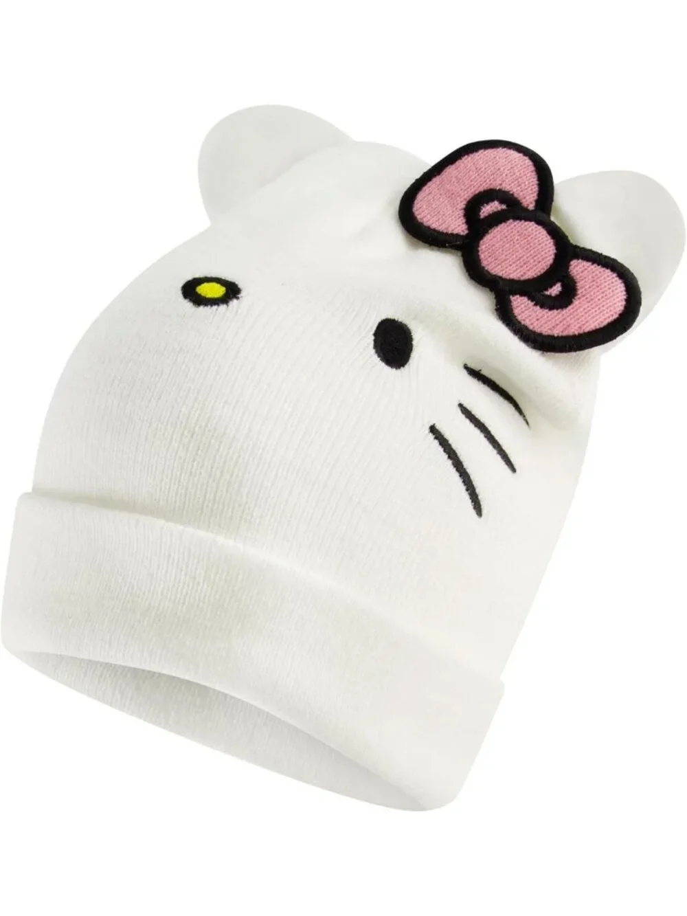 Cozy Winter Beanie Hat with 3D Ears & Bow, Acrylic Knit, White, Adult Size